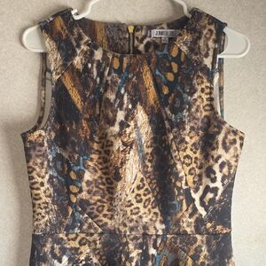 Jennifer Lopez Brown Animal Print Sheath Dress with Teal Accents